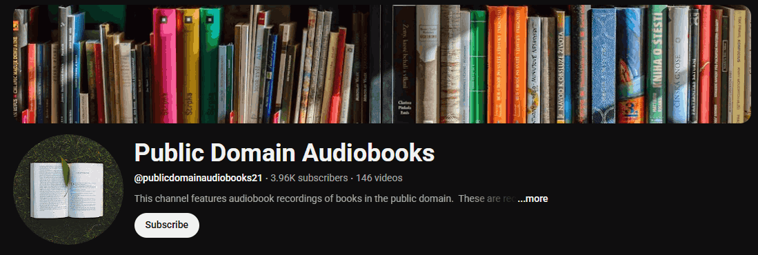 The channel homepage of Public Domain Audiobooks