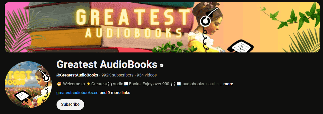 The channel homepage of Greatest AudioBooks