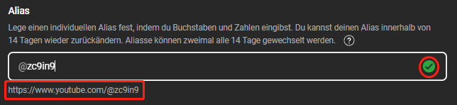 Ändern Sie Ihr Alias im Textfeld in YouTube Studio