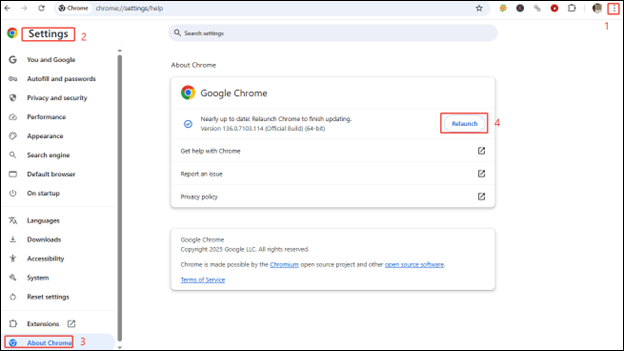 Click on three dots > Settings > About Chrome > Relaunch to update Google Chrome