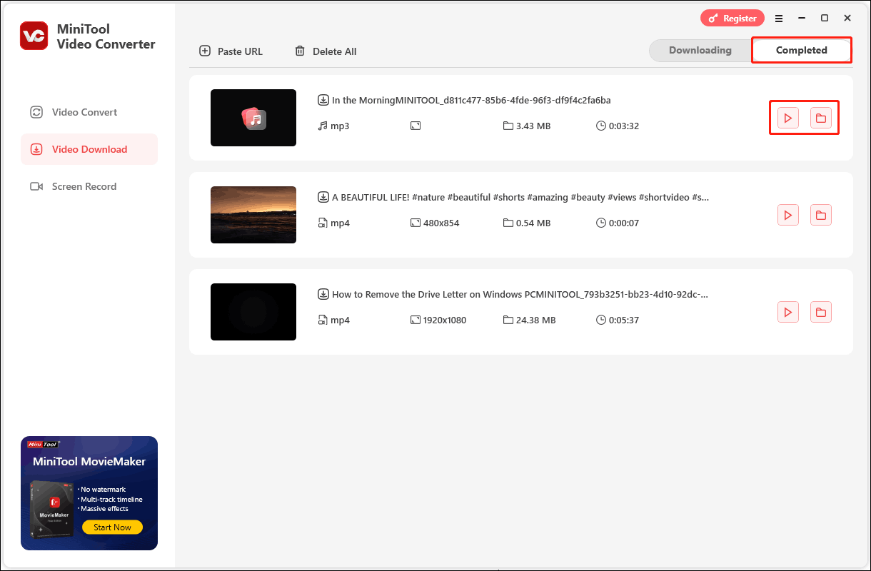 Under MiniTool Video Converter’s Completed tab, click the play icon to listen to the song directly, or click on the folder icon to find the downloaded song