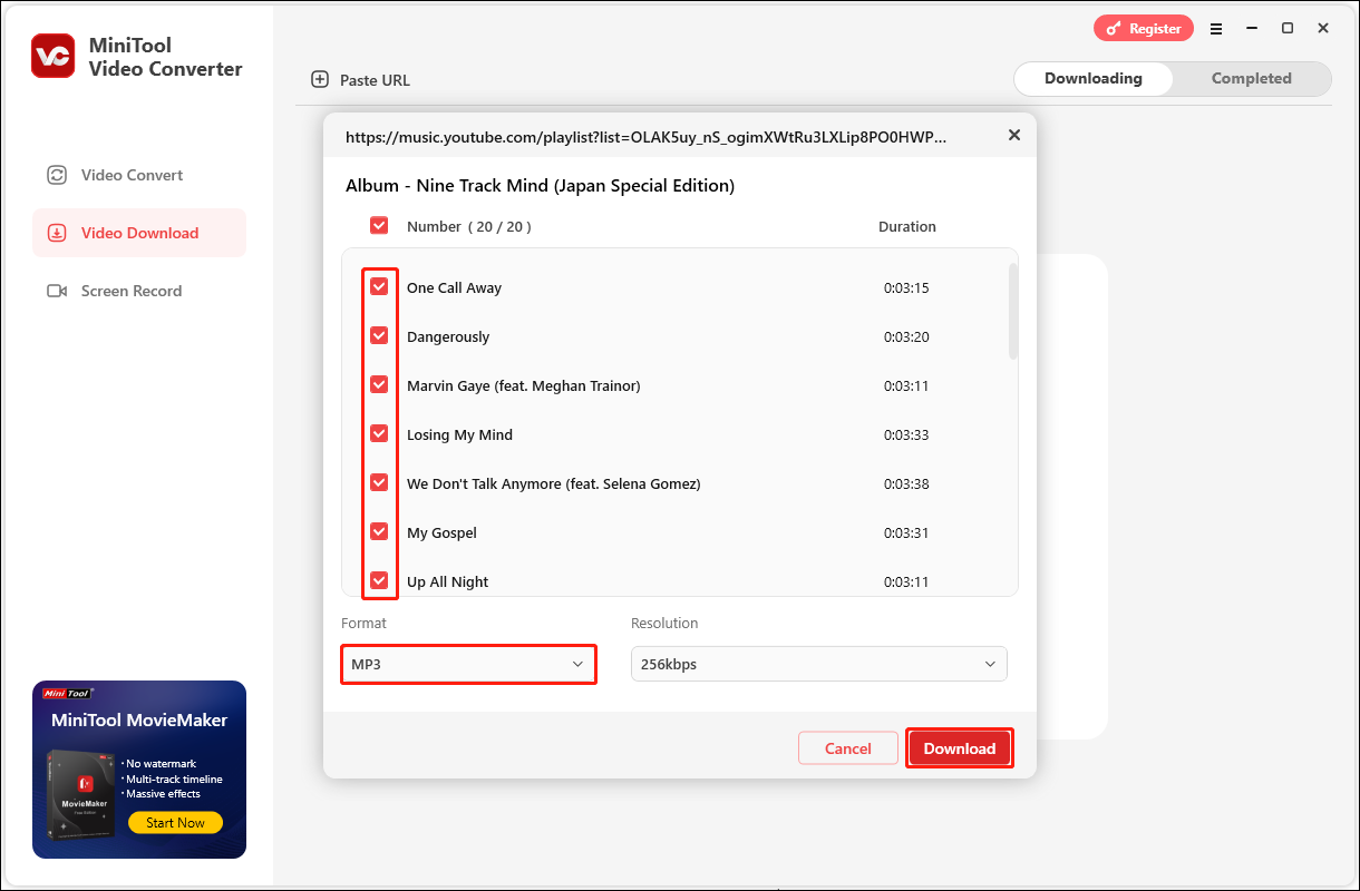 Select the songs in the playlist you want to download, choose the output format, and click Download in MiniTool Video Converter