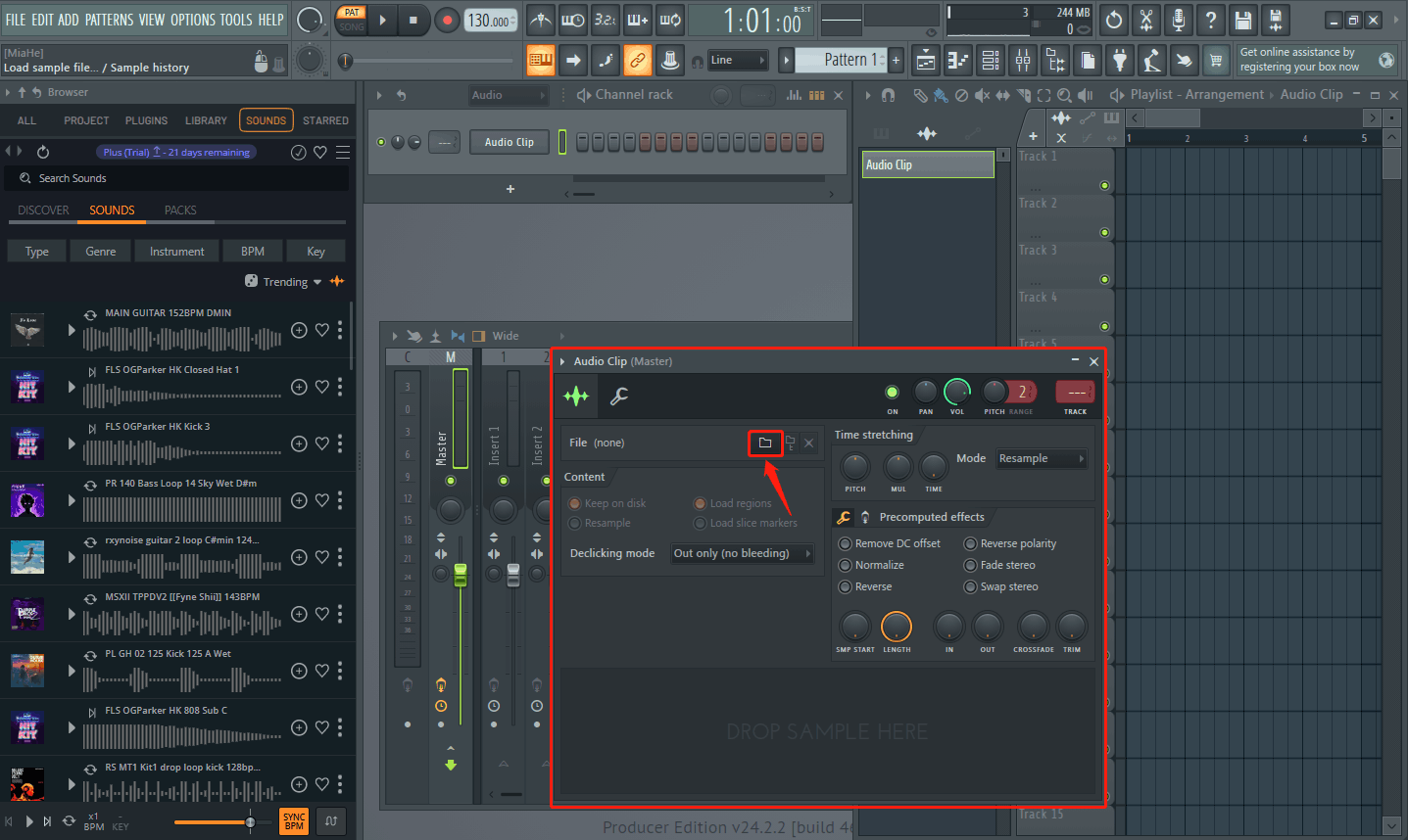 Click the folder icon in the Audio Clip window in FL Studio