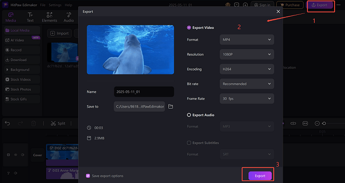 Click Export, define output preferences, and click on Export to export the video to your computer