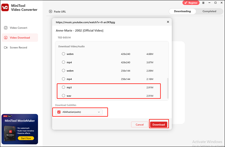 Choose output audio format, tick on Download Subtitles, and click on Download in MiniTool Video Converter