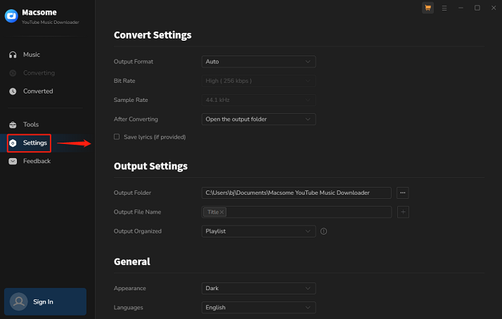 Click on Settings and customize some basic parameters in Macsome YouTube Music Downloader