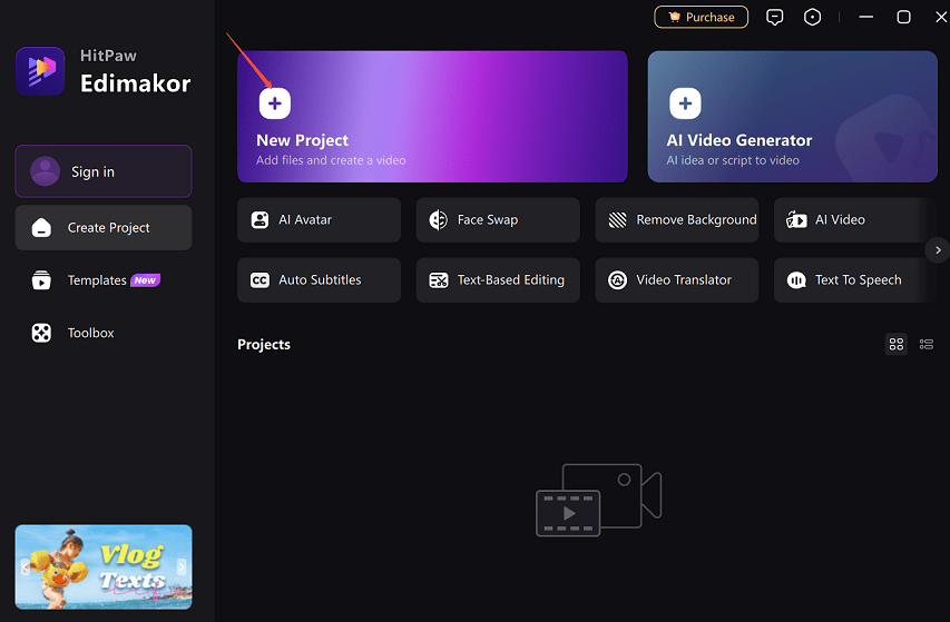 Click on New Project to create a project in HitPaw Edimakor