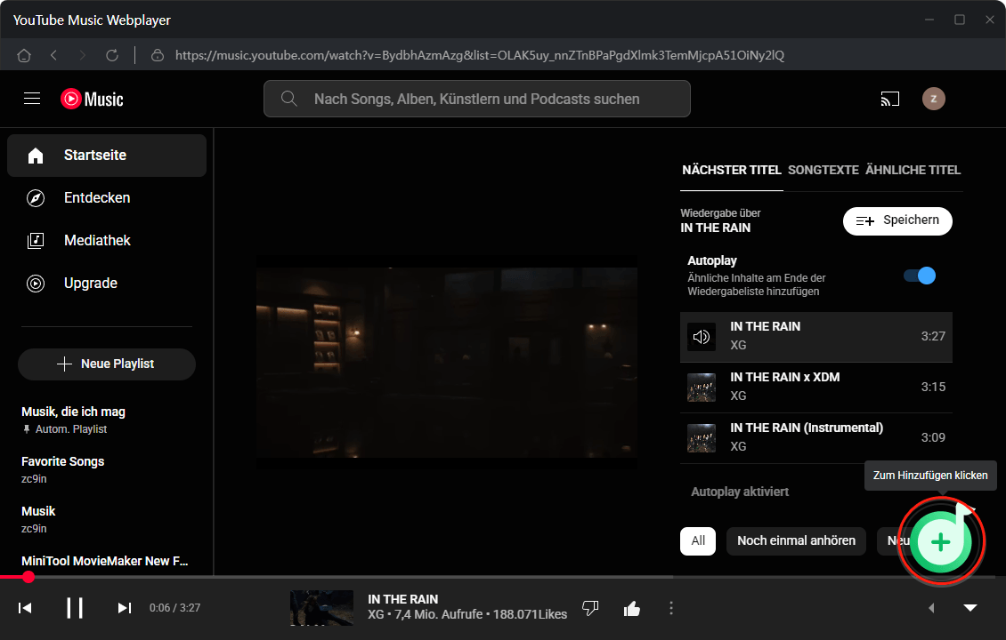 Wählen Sie das Symbol Zum Hinzufügen klicken in der unteren linken Ecke des NoteBurner YouTube Music Webplayers aus.