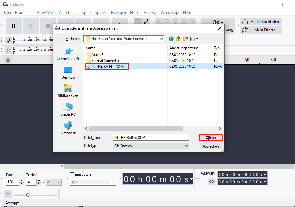 Wählen Sie eine oder mehrere Dateien aus und klicken Sie auf Open in Audacity.