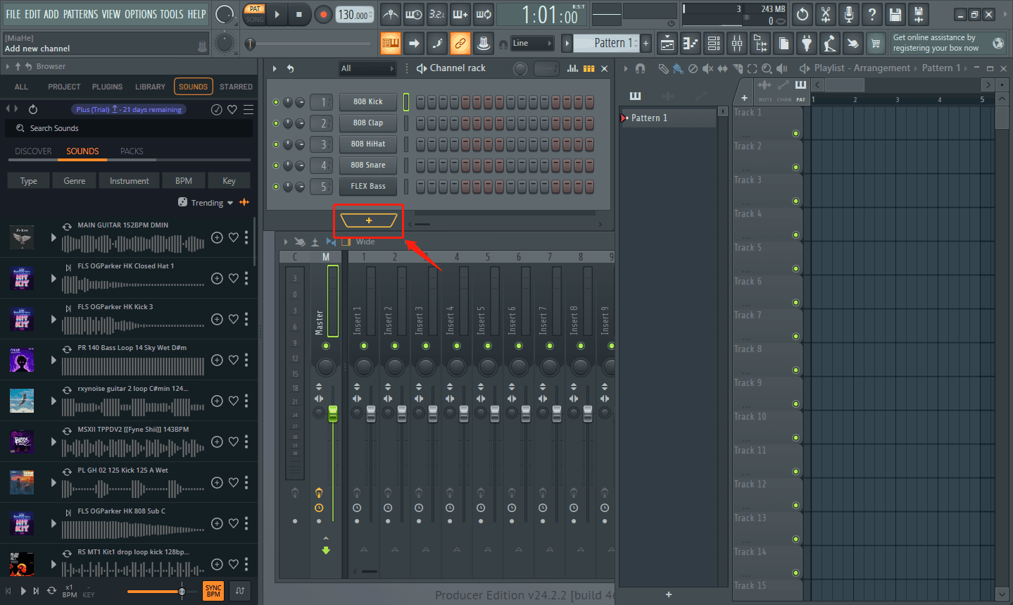 Klicken Sie auf die +‑Schaltfläche in FL Studio
