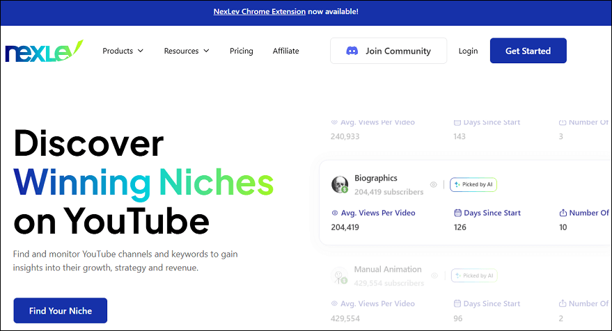 The website homepage of NexLev’s Niche Finder on Chrome
