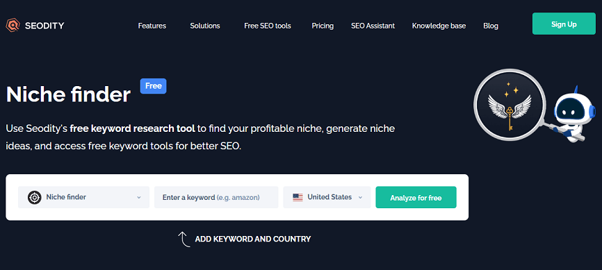 The website homepage of Seodity’s Free Niche Finder on Chrome