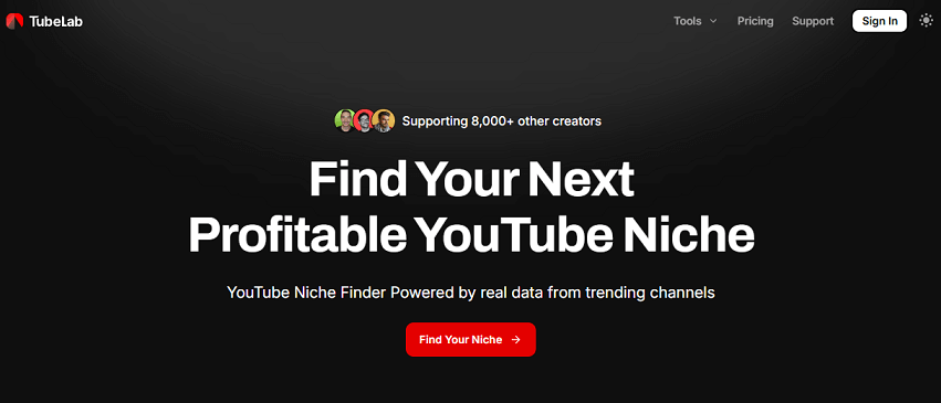 The website homepage of TubeLab’s YouTube Niche Finder on Chrome
