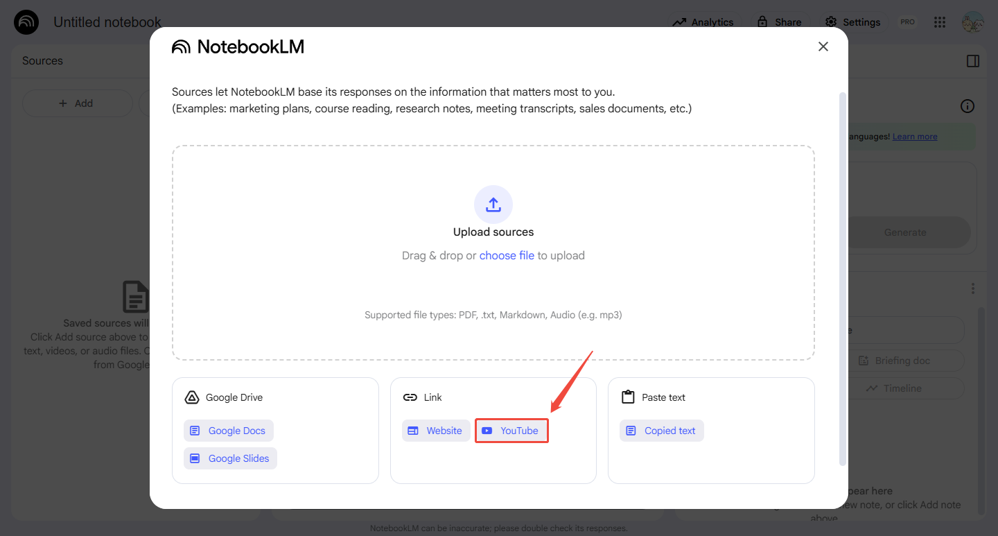 Click the YouTube button in the Link section in NotebookLM