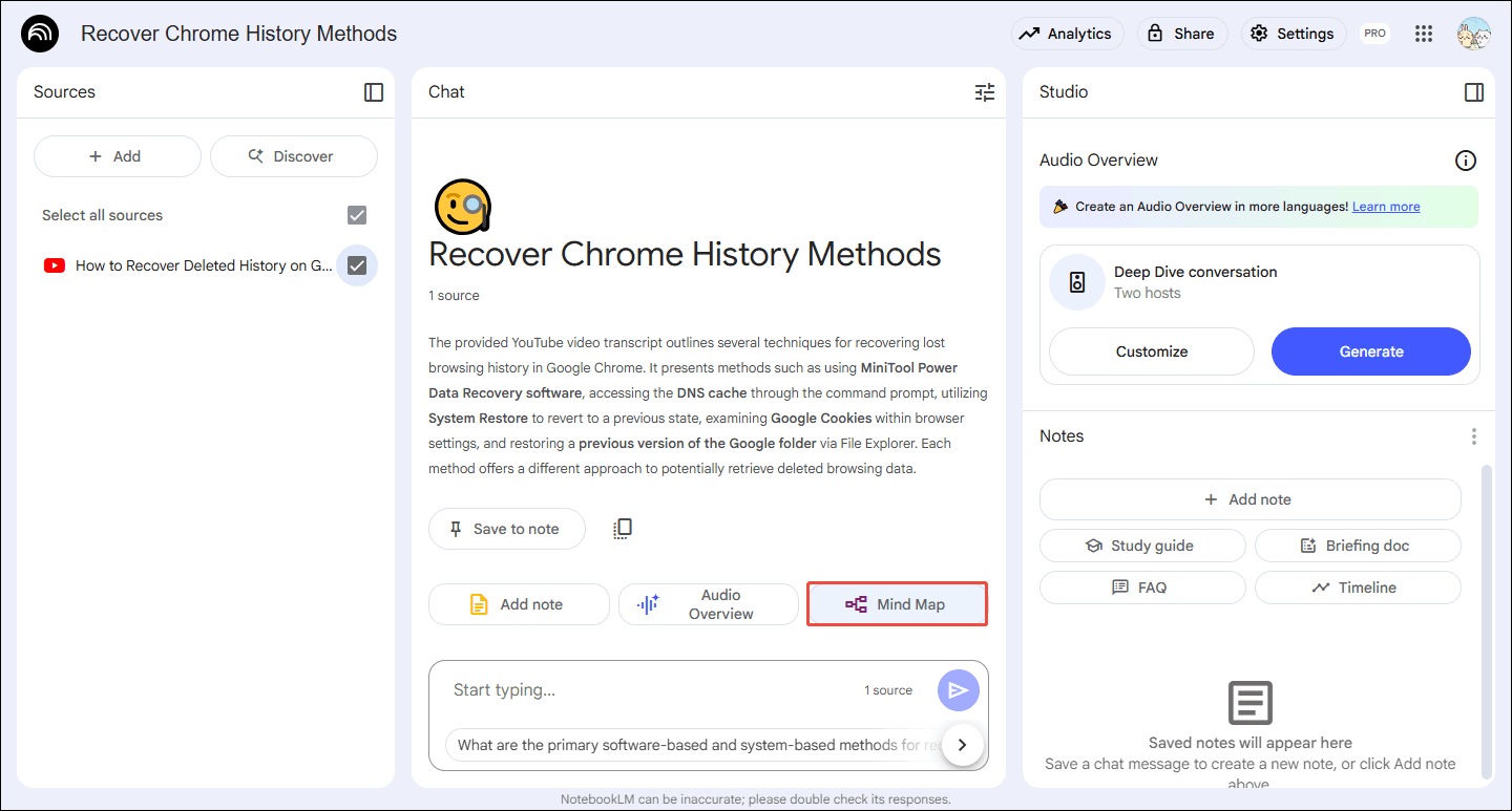 Click the Mind Map option to start generating the mind map in NotebookLM