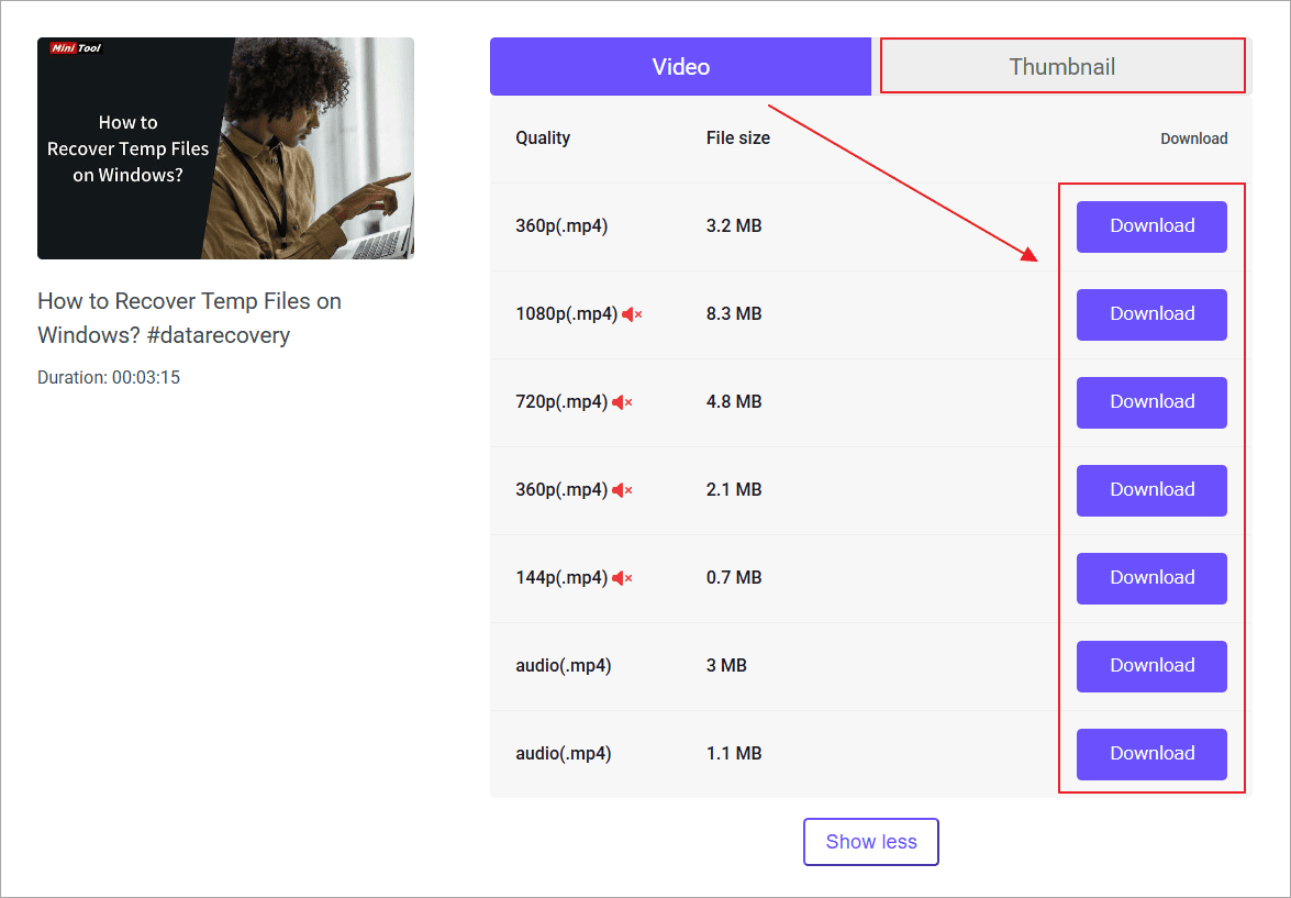 利用可能なダウンロードオプションから必要な形式と解像度の「Download」ボタンをクリック