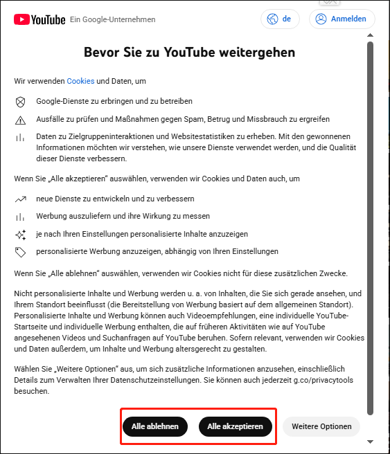Wählen Sie Alle ablehnen oder Alle akzeptieren