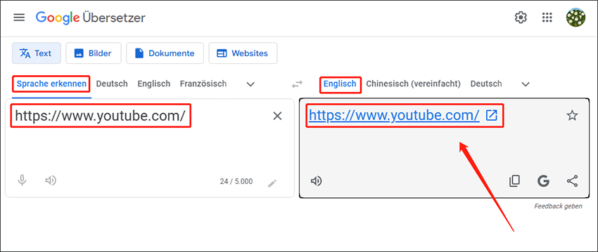 Stellen Sie die Ausgangssprache auf Sprache erkennen und die Zielsprache auf Englisch, fügen Sie die YouTube-URL in das linke Feld ein und klicken Sie auf die URL im rechten Feld.