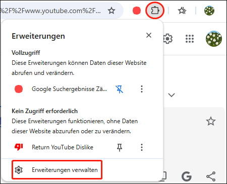 Klicken Sie auf das Erweiterungssymbol und wählen Sie Erweiterungen verwalten