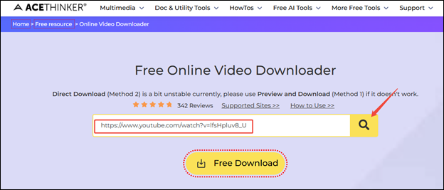 Acethinkerに動画リンクを貼り付けて検索ボタンをクリック