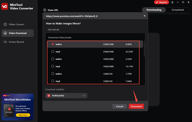 Choose a video format and resolution, then click on Download to download YouTube videos with MiniTool Video Converter
