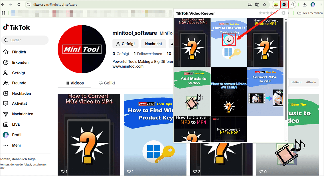 klicken Sie in Google Chrome oben rechts auf TikTok Video- und Foto-Manager, um einzelne TikTok-Videos herunterzuladen