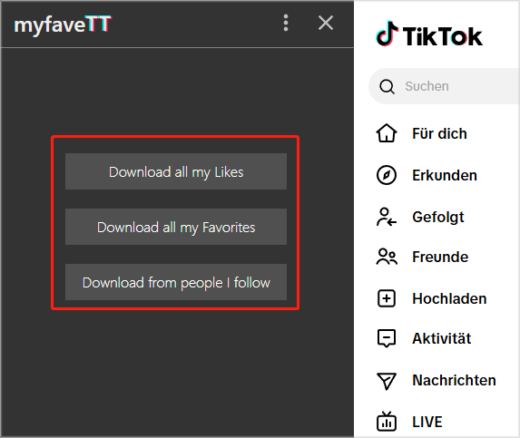 drei Download-Optionen von myfaveTT