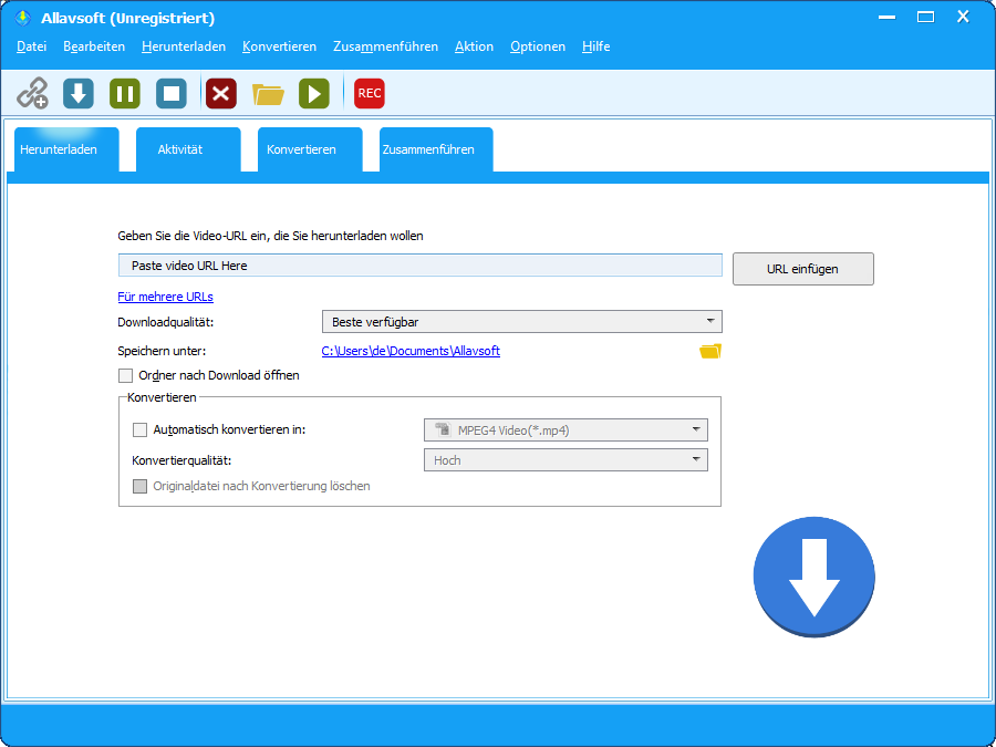 Die Benutzeroberfläche des Allavsoft Video Downloaders