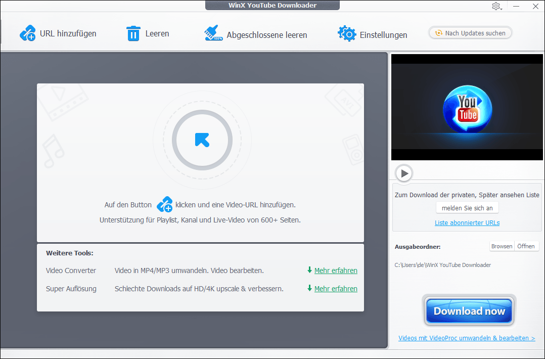 Die Benutzeroberfläche von WinX YouTube Downloader