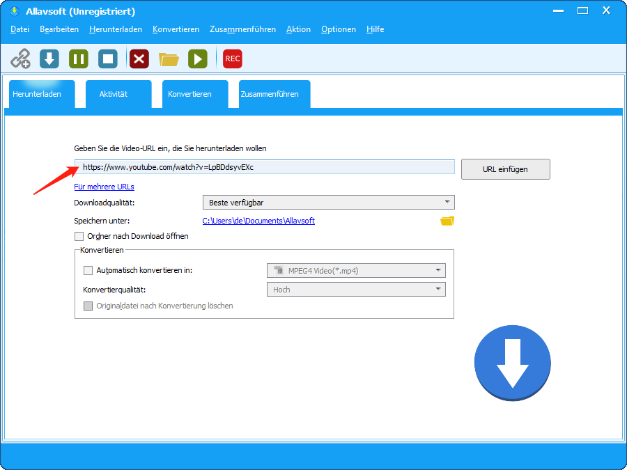 Fügen Sie die Video-URL in das Feld von Allavsoft ein