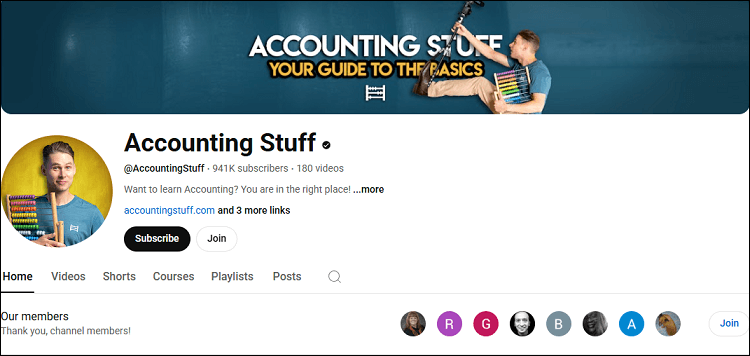The homepage of the Accounting Stuff channel on YouTube