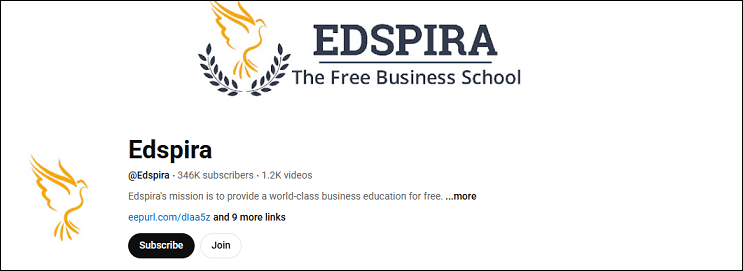 The homepage of the Edspira channel on YouTube