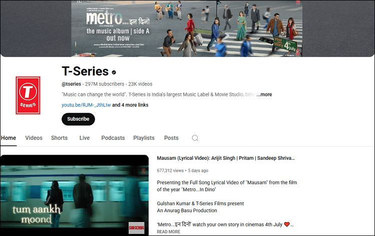 The homepage of the T-Series channel on YouTube