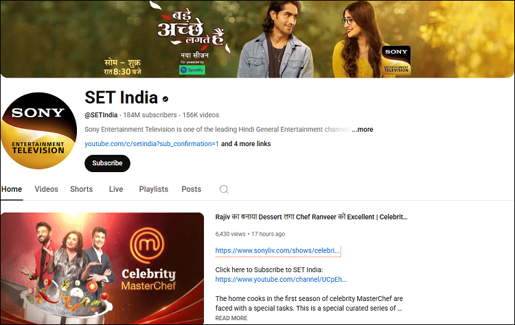 The homepage of the SET India channel on YouTube