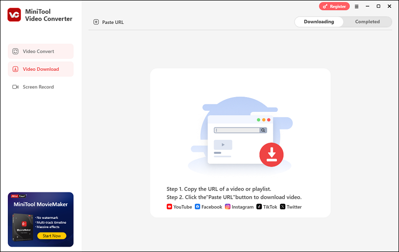 The user interface of MiniTool Video Converter in the Video Download tab