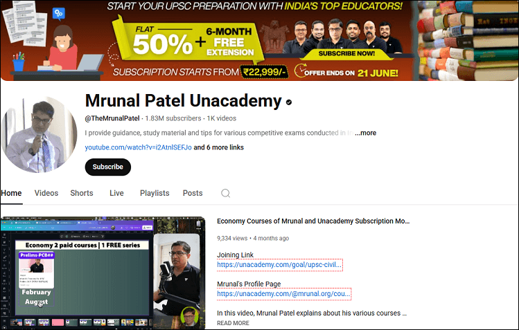 The channel homepage of 2. Mrunal Patel Unacademy on YouTube