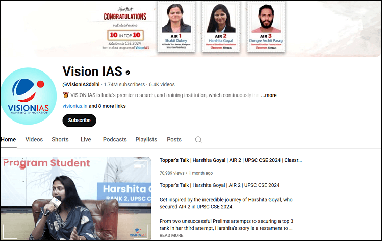 The channel homepage of 5. Vision IAS on YouTube
