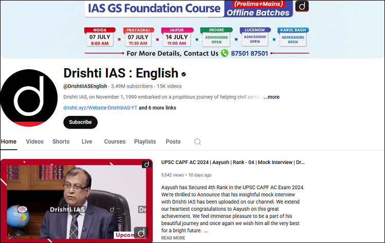 The channel homepage of 7. Drishti IAS : English on YouTube