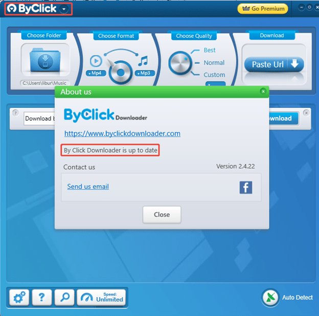 Click on drop-down menu and click on About to check the outdates of By Click Downloader