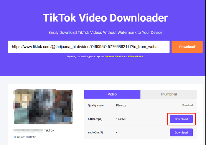 Click the Download button next to the MP4 format in Online Video Downloader on viddown.net