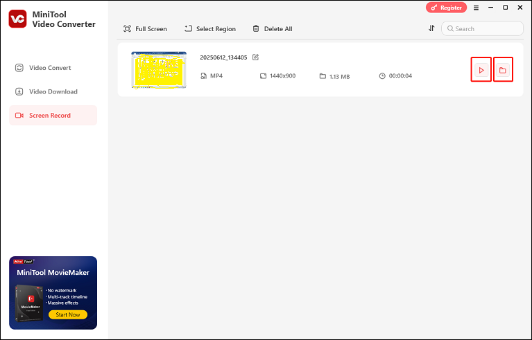 In MiniTool Video Converter, click the Play icon to view the video or click the Folder icon to locate it in the local folder