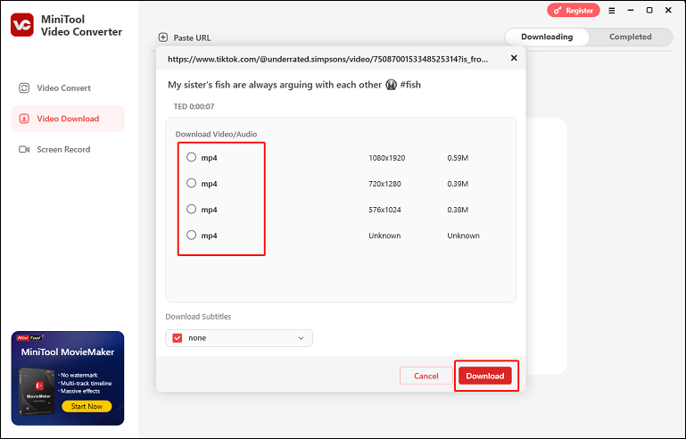 Choose an output format in MiniTool Video Converter’s Video Download section