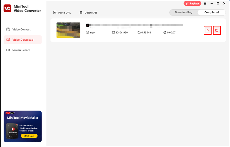 Click on the Player icon or the Folder icon in MiniTool Video Converter to play or check the video saved from TikTok
