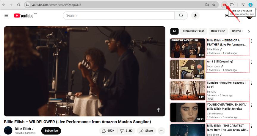 Cliquez sur l'extension YouTube Audio Only pour accéder au mode audio uniquement sur YouTube
