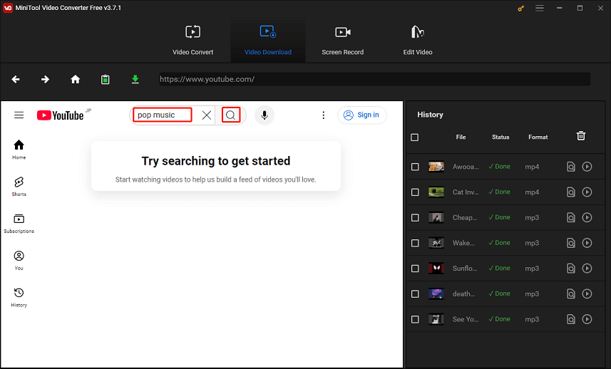 Tapez des mots-clés dans la zone de recherche et cliquez sur l'icône Rechercher pour lancer la recherche dans MiniTool Video Converter