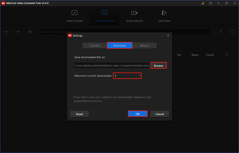 Personalizar la configuración de descarga