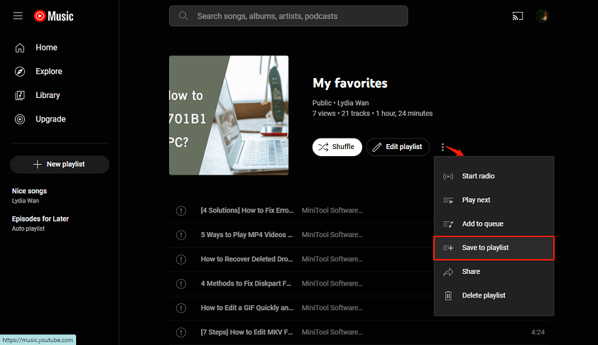 Haga clic en tres puntos y seleccione Guardar en lista de reproducción