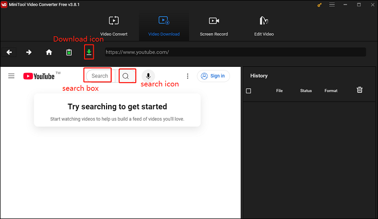 Utilisez le navigateur intégré pour trouver la vidéo YouTube et cliquez sur Télécharger dans MiniTool Video Converter