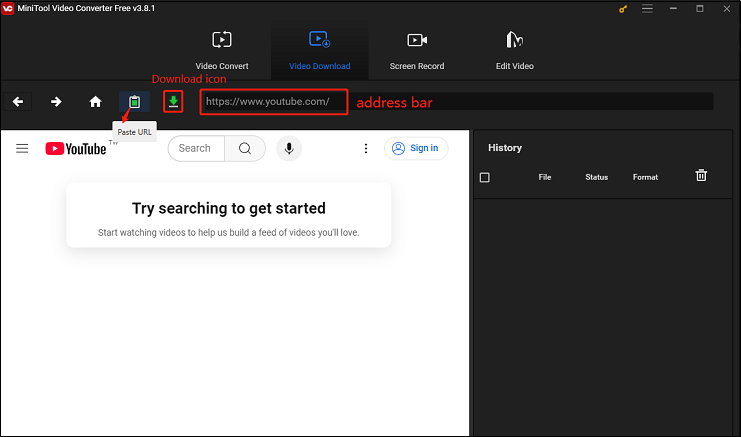 Cliquez sur Coller l'URL ou collez le lien dans la barre d'adresse et cliquez sur Télécharger dans MiniTool Video Converter