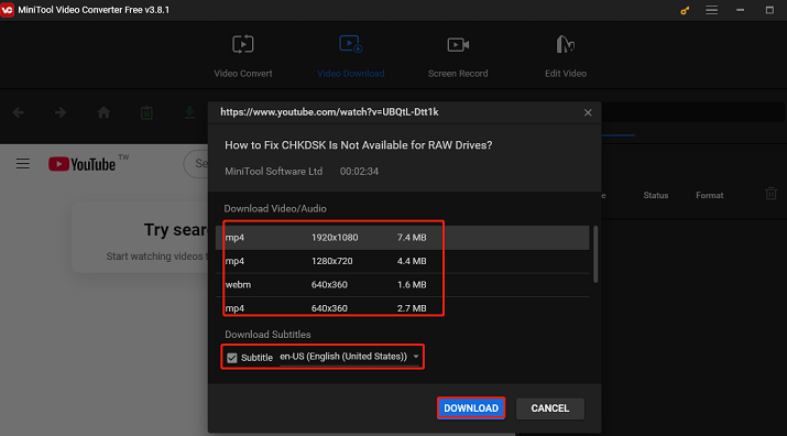 Choisissez un format vidéo et appuyez sur TÉLÉCHARGER pour télécharger la vidéo dans MiniTool Video Converter
